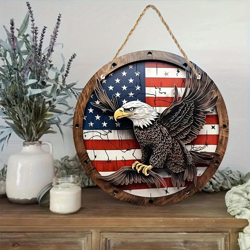 Independence Day Wooden Door Plate – Eagle Welcome Sign – Patriotic Home Decoration